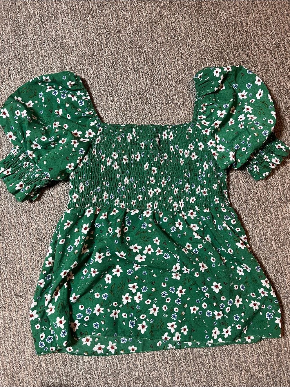 SHEIN Green Floral Smocked Square Neck Puff Sleeve Top - Picture 6 of 6